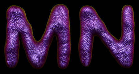 Letter set M, N made of realistic 3d render natural purple snake skin texture.