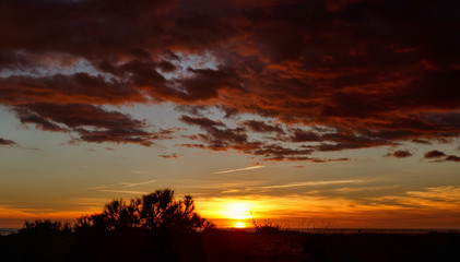 Coast of the Atlantic Ocean. Sundown. The bright colors of the sky and clouds that are colored by the rays of sunset.