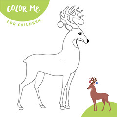 Coloring page outline of cartoon cute christmas deer. Vector illustration, winters coloring book for kids.
