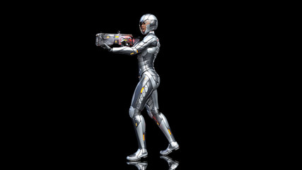 Futuristic android soldier woman in bulletproof armor, military cyborg girl armed with sci-fi rifle gun walking and shooting on black background, 3D rendering