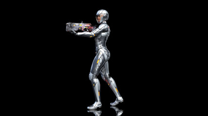 Fototapeta premium Futuristic android soldier woman in bulletproof armor, military cyborg girl armed with sci-fi rifle gun walking and shooting on black background, 3D rendering