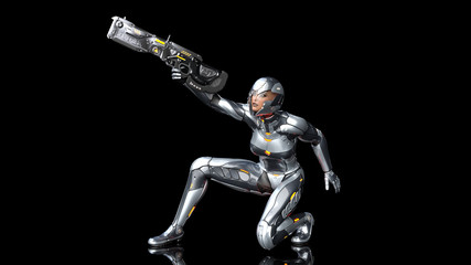 Futuristic android soldier woman in bulletproof armor, military cyborg girl armed with sci-fi rifle gun crouching and shooting on black background, 3D rendering