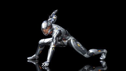 Futuristic android soldier woman in bulletproof armor, military cyborg girl armed with sci-fi rifle gun crouching on black background, 3D rendering © freestyle_images