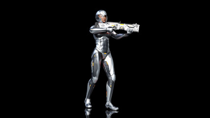 Fototapeta na wymiar Futuristic android soldier woman in bulletproof armor, military cyborg girl armed with sci-fi rifle gun standing and shooting on black background, 3D rendering