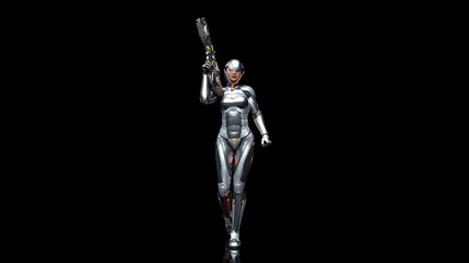 Fototapeta na wymiar Futuristic android soldier woman in bulletproof armor, military cyborg girl armed with sci-fi rifle gun walking on black background, 3D rendering
