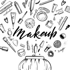 Black and white cosmetics background with lettering makeup. Hand drawn decorative cosmetics set