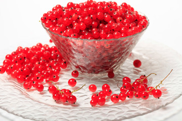 Fresh red currants in a glass bowl on a white background close-up