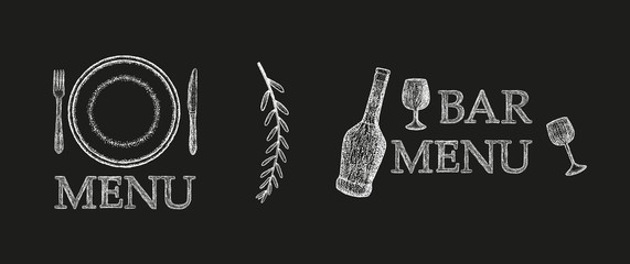 Titles for menu sections. Style of inscription of menu and bar menu. Labels for the menu. Cutlery, plate, glass, bottle.