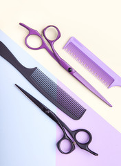 Stylish professional barber scissors and combs, hairdresser salon concept, hairdressing tool set. Haircut accessories