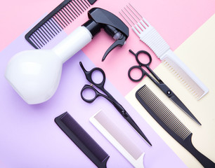 Stylish professional barber scissors and combs, hairdresser salon concept, hairdressing tool set. Haircut accessories