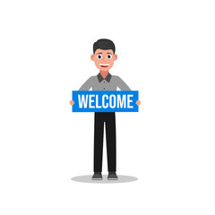 Businessman holding Welcome signboard isolated on white background