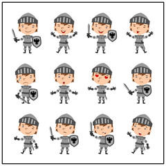 Set of different boy knight poses in cartoon style isolated on white background.