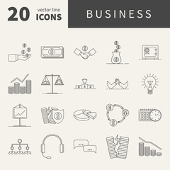 Collection of line vector icons with different symbols of business processes. Set of business icons. Graphic design elements for packaging, apps, website, advertising, poster and brochure.