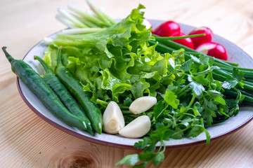 radish, parsley, onion and other vegetables on a plate