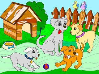 Childrens color book cartoon family on nature. Mom dog and puppies children