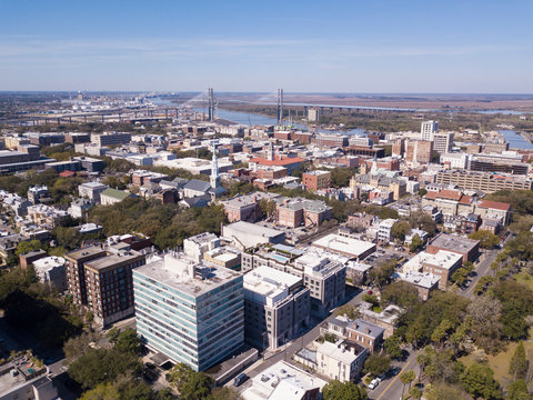 Aerial view of downtown Savannah, Georgia.