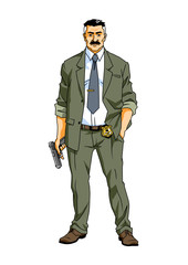 police detective with a gun, cartoon, character, vector