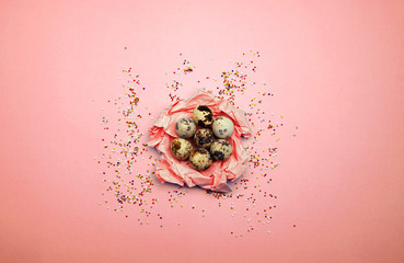 Easter eggs flat lay pattern on pastel background. Minimal concept