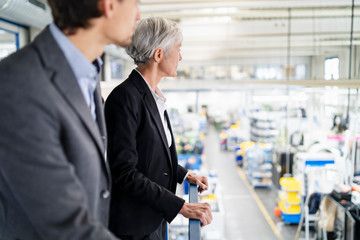 Senior businesswoman and businessman on upper floor in factory overlooking shop floor