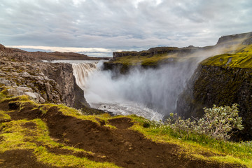 A view of Dettifoss, one of the most powerful waterfalls in Iceland, Europe