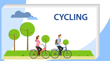 Cycling. Man and Woman Characters Riding Bicycle in the City Background. Active People Enjoying Bike Ride in the Park. People riding on bicycles in the park,