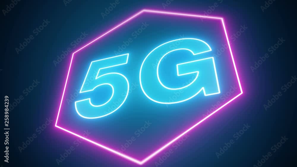 Poster video animation of the fast 5g mobile network on blue and pink background - seamless loop