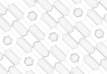 3d rendering. diagonal white hexagonal and trapezoid shape pattern design wall background.