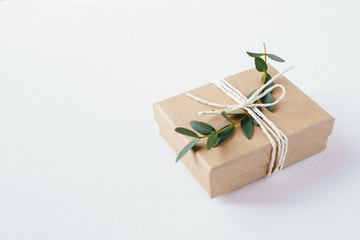 Craft gift box with green brunch on white background. Copy space for text.