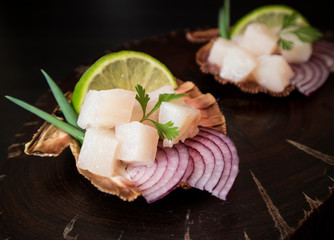 Raw fish cubes with onion and limel. Ceviche served on shell. Selective focus.