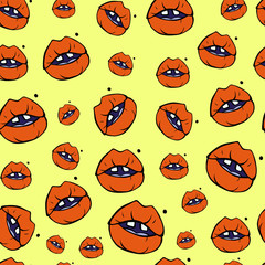 Cartoon style vector doodle illustration of orange human lips pattern. Great design for invitations, cards, websites, wrapping paper, textile. Drawing isolated on yellow background. Beauty, fashion