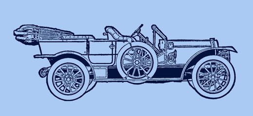 Vintage four-seat touring car in side view. Illustration after a lithography or engraving from the early 20th century. Editable in layers