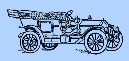 Fototapeta na wymiar Antique touring car in three quarter front view. Illustration after a lithography or engraving from the early 20th century. Editable in layers