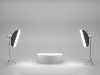 White pedestal for display,Platform for design,Blank product stand with SoftBox Light. 3D rendering - obrazy, fototapety, plakaty