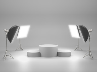 White pedestal for display,Platform for design,Blank product stand with SoftBox Light. 3D rendering