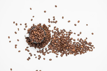 Top View of Coffee beans in a White Coffee cups on White Background