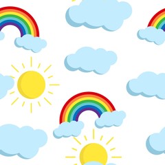 Vector seamless pattern with rainbow, clouds and sun on white background. Cute endless background with cartoon flat weather icons for print, cover, Kid design.