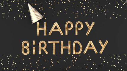 Golden text happy birthday on dark gray background 3D illustration