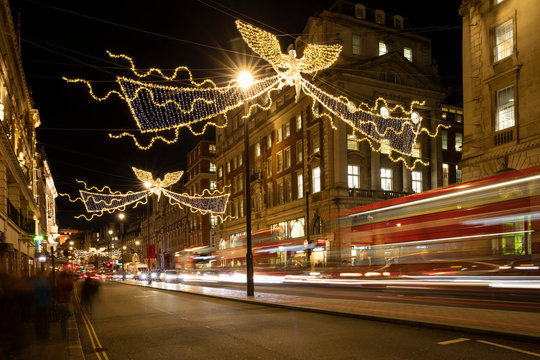 United Kingdom, England, London, Piccadilly Circus, Bus, Christmas illumination at night