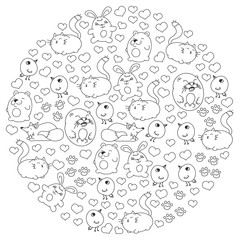 Vector set of beautiful round icons in the form of wild animals for children and design, print, cat ,bear, fox, bird ,hare or rabbit. Round animals with caption on white background