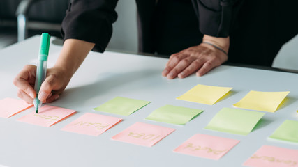 Business strategy planning. Marketing analysis design. Business woman writting ideas notes on...