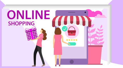 Online shopping concept. Women choose products in the online store. Shopping icons.