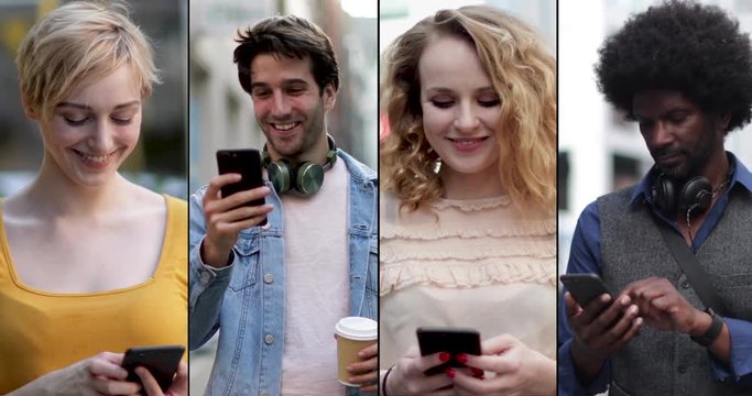 Montage of diverse group of Adults using social media on smart phone