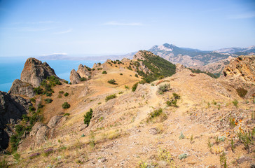 Fototapeta na wymiar Karadag nature reserve in Crimea. The landscape of the natural reserve.