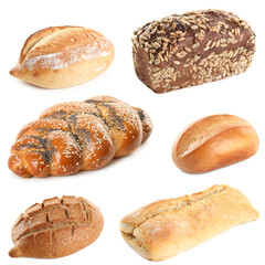 Set of fresh bread on white background