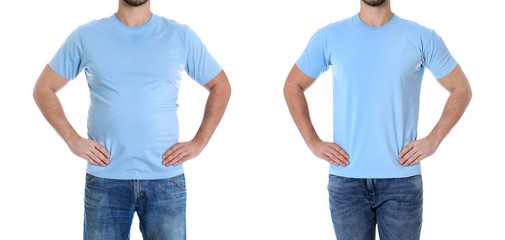 Overweight man before and after weight loss on white background, closeup