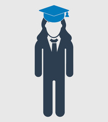 Graduate Student Icon. Standing Female symbol on gray background. Flat style vector EPS.