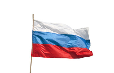 Fototapeta na wymiar colorful bright beautiful state flag of Russia (Russian Federation) waving on the wind on white background isolated closeup