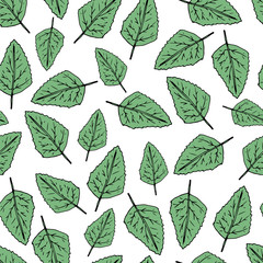 Hand draw seamless pattern. Green leafs. Vector illustration.
