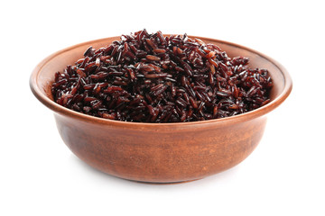Bowl of cooked brown rice isolated on white