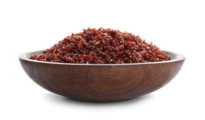 Bowl of cooked brown rice isolated on white